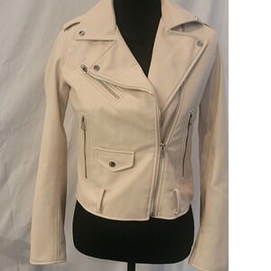 Zara Faux Leather Biker Jacket Beige Coco Chanel Quote Graphic Moto Womens S